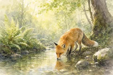 Watercolor Fox by a Stream