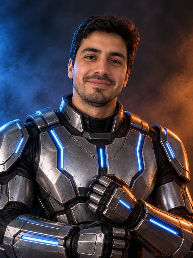 AI 万圣节效果图：同一位男性穿着带蓝色 LED 灯带的拉丝金属机器人装甲，蓝橙色灯光